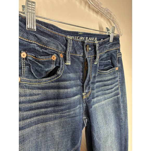 American Eagle Straight Super Stretch Jeans Womens 2 LONG Dark Wash Low Rise - Picture 5 of 10